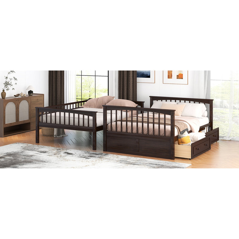 Lit double superposé au-dessus, tiroirs, option convertible, bois de pin massif, cadre, barrières de sécurité en forme de clôture, tâche d'assemblage rapide au-dessus du lit et matériau, tiroirs avec poignées à roulettes, processus de mise en place facile