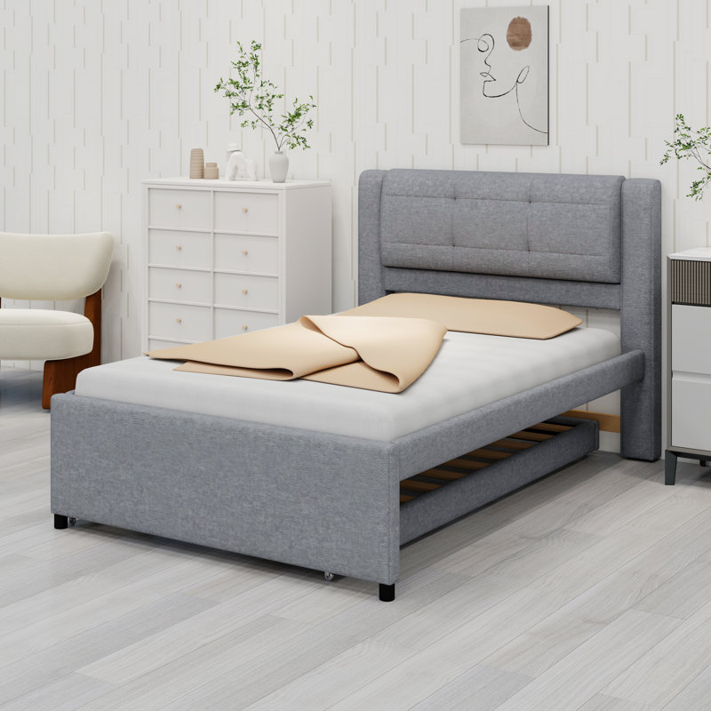 Structure de lit rembourrée moderne avec lit gigogne convertible pour des arrangements de sommeil flexibles, Gris