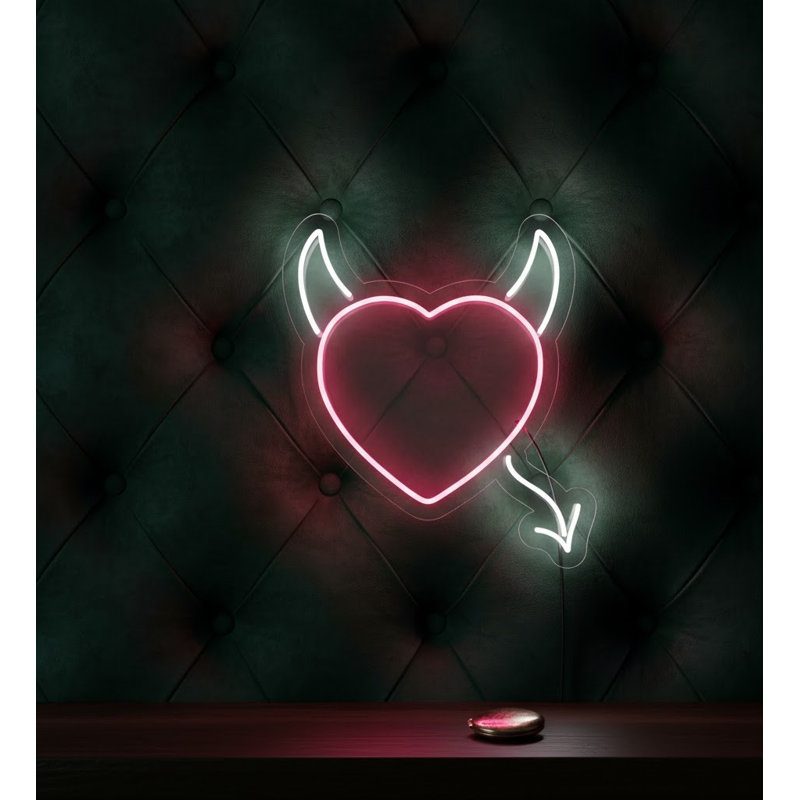  | Enseigne néon Devil Heart | Fabriqué avec un tube néon rouge durable et incassable qui crée une lueur vibrante et accrocheuse pendant plus de 50 000 heures sans scintillement ni intensité | 24 x 21 | Rouge