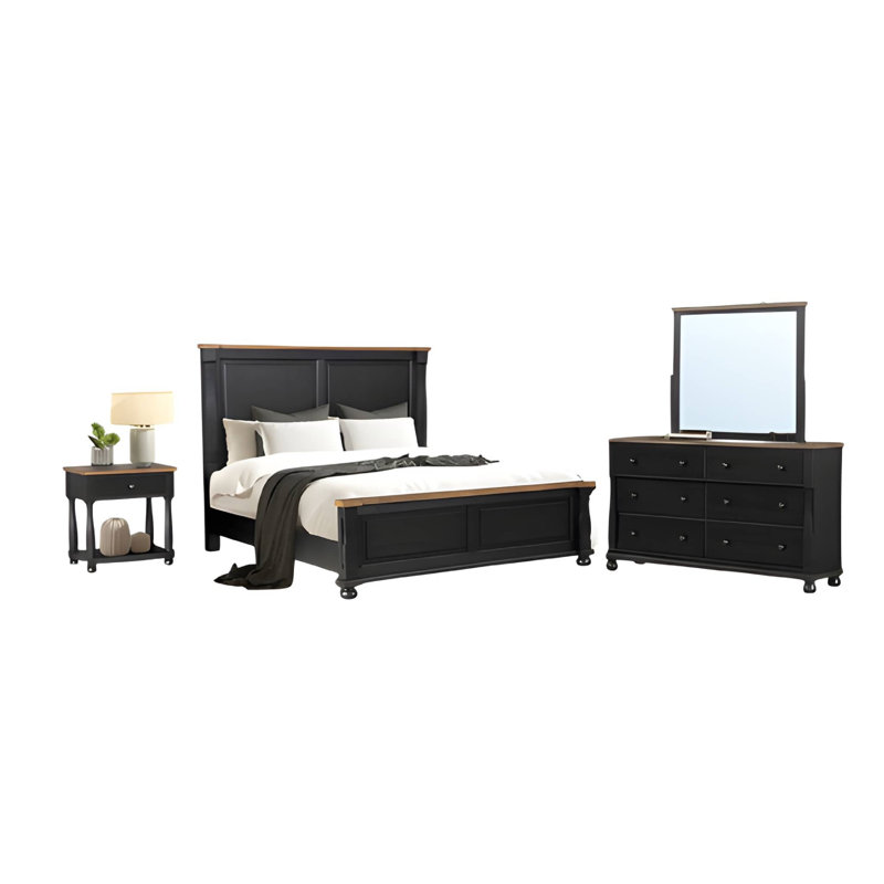 Ensemble de chambre avec grand lit 4 pièces Ginie, table de chevet USB, miroir, bois brun noir