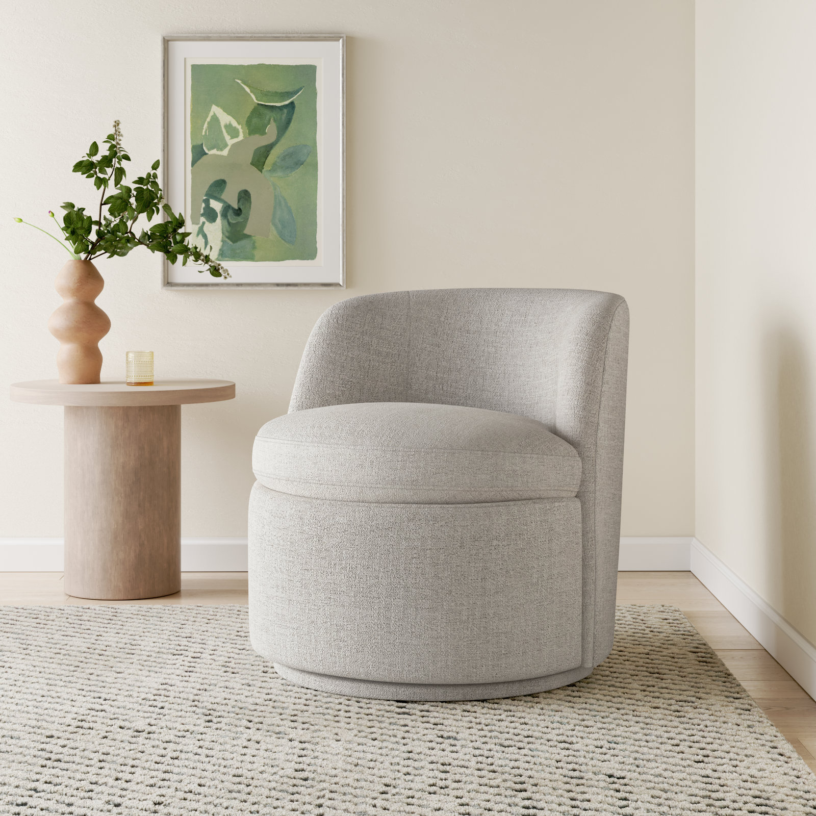 Estes Upholstered Swivel Barrel Chair, Nathan Wheat Performance Tweed