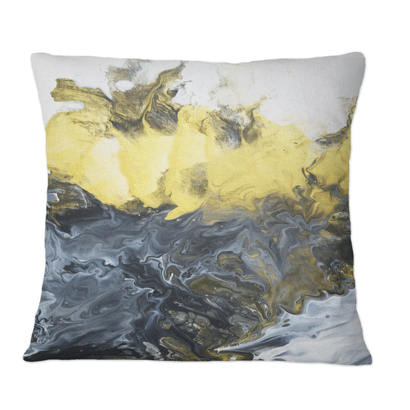 Coussin jaune à motif de rivière dans un art liquide III, 18 po x 18 po