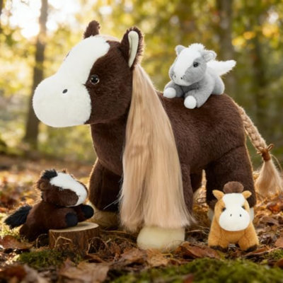 4Pcs Long-Hair Horse Stuffed Animal With Babies, 18Inches Large Mommy Stuffed Horse With 3 Cute Pony Babies, Realistic Pony Plushies Gift For Boys Girls