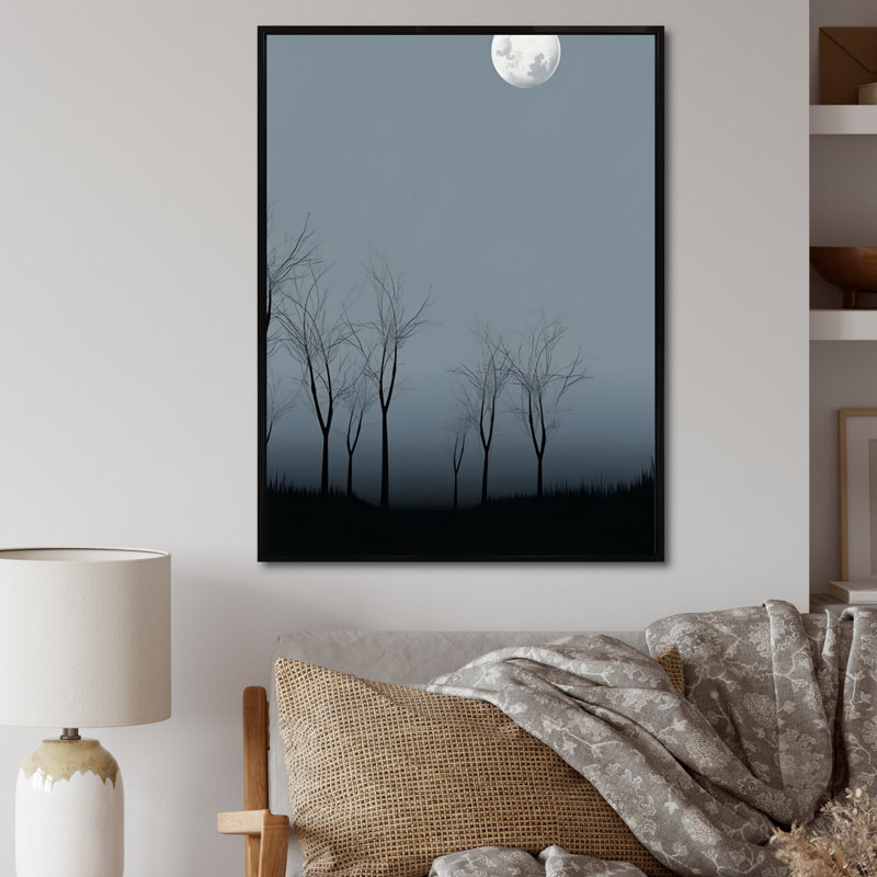 Pleine lune mimimalisme avec arbres éloignés - impression, H 44 po x l 34 po x P 1,5 po, Cadre flottant noir