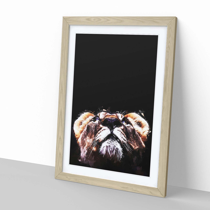 Lion Looking Upwards in Abstract - Picture Frame Graphic Art Print, Oak, 91cm H x 60cm W x 2cm D