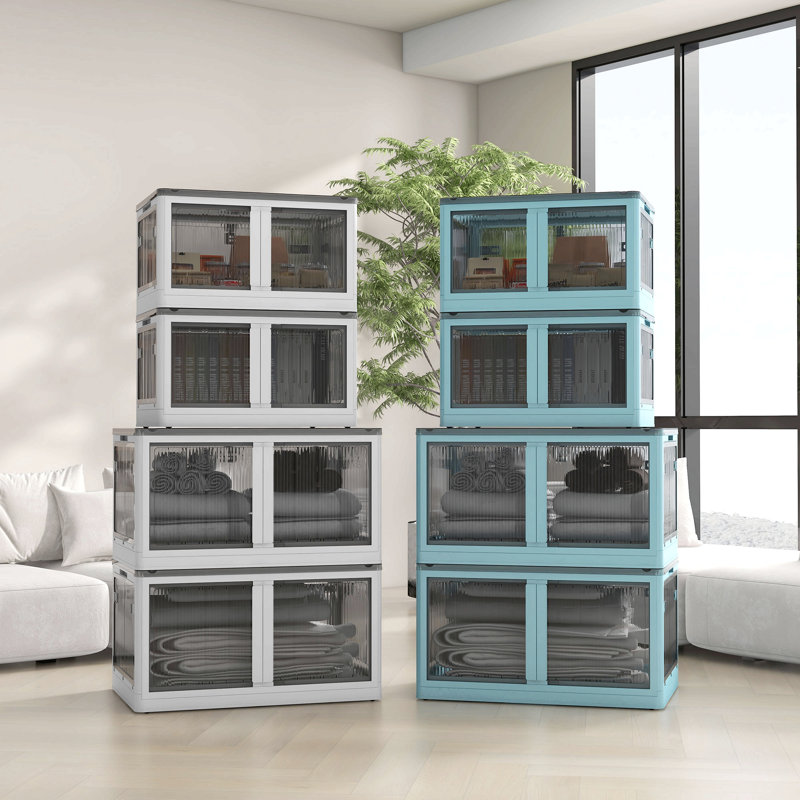 Stackable Storage Bins With Lids, Wheels, And Collapsible, Blue/Gray