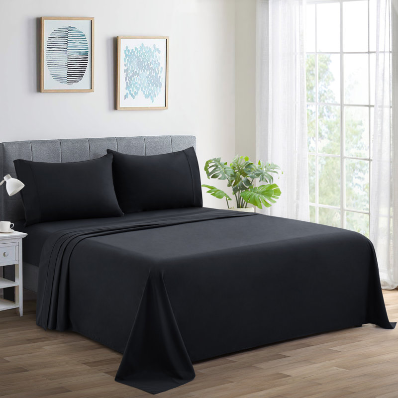 Ensemble de draps en coton 4 pièces avec taies d'oreiller en coton pour toute la saison 4 pièces Marina, Noir