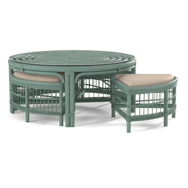 Raffles Rattan Cocktail Table with Benches, Antique Frost White, Eggshell Crypton Performance; 0884-93