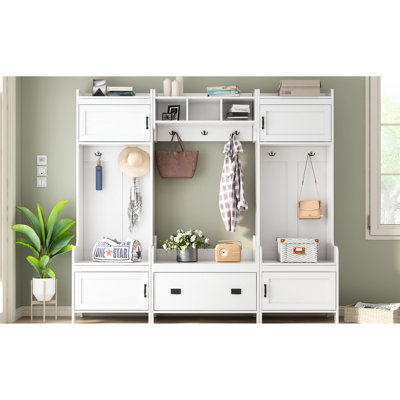 White Hallway Coat Rack, Entryway Bench With Drawers, 4 Cabinets, 41 Organizer, Bench, White, Ample Storage