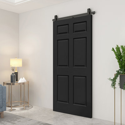 6-Panel Black Painted MDF Composite Bi-Fold Barn Door with Sliding Hardware Kit
