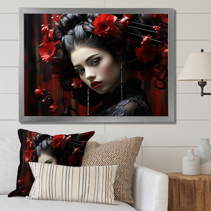 Japon Art Geishas Grace Portrait I - Art mural japonais, salon, H 34 po x l 44 po x P 1,5 po, Cadre simple argenté