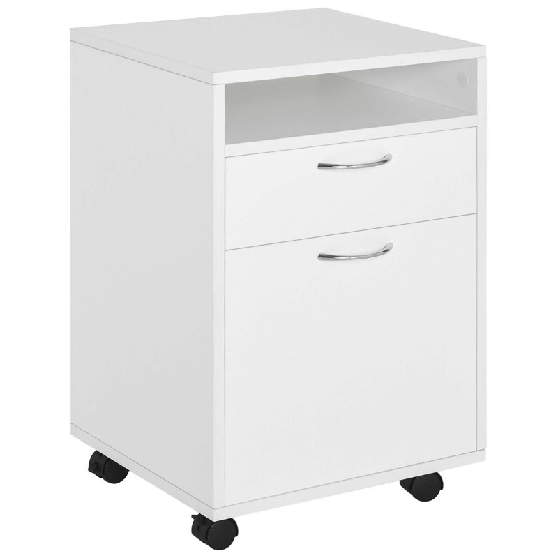 Compact Mobile Storage Cabinet Organizer With Drawer And Cabinet, Printer Stand With Castors For Home And Office Use, White