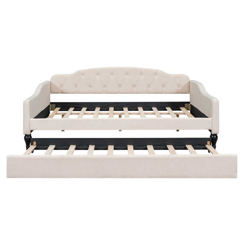 Full Size Upholstered Tufted Daybed With Twin Size Trundle, Beige