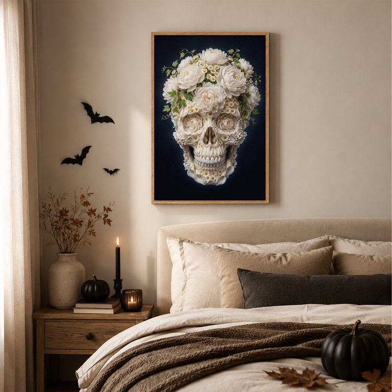 Art mural sur toile, crâne floral blanc avec feuilles vertes sur bleu foncé Halloween, H 48 po x l 32 po