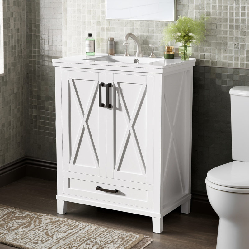 Meuble-lavabo 24 po avec lavabo, bois massif et panneau de fibres à densité moyenne, portes à fermeture en douceur, tiroir, tablettes doubles