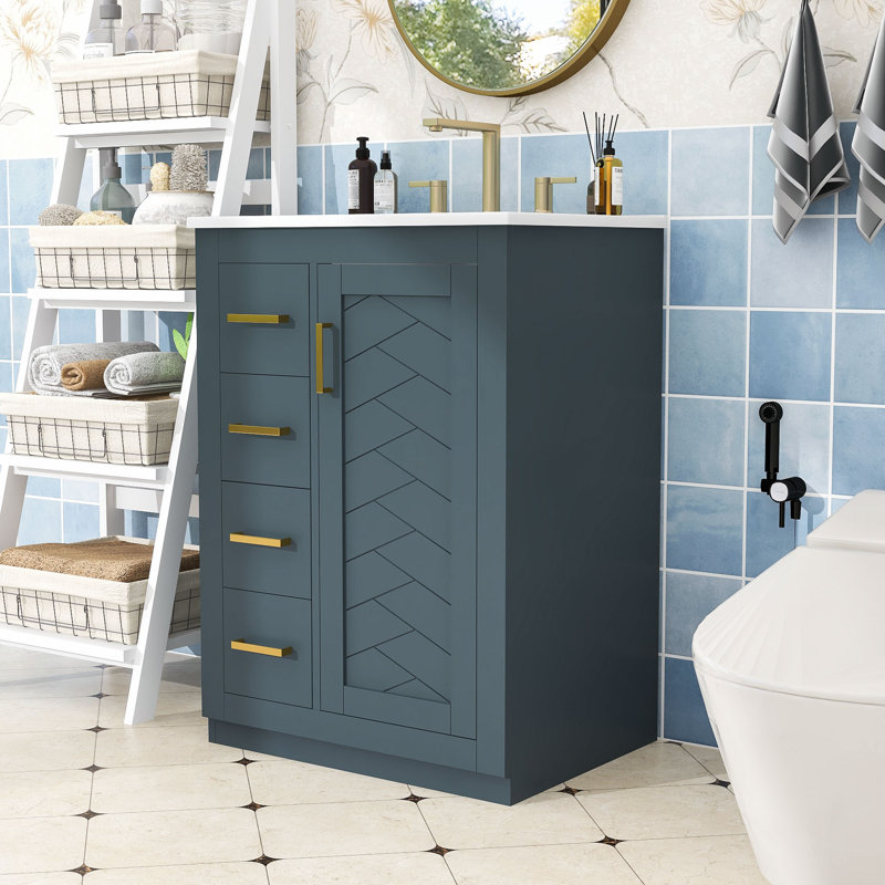 Meuble-lavabo autoportant contemporain avec lavabo en céramique, porte à fermeture en douceur et rangement spacieux, Blue