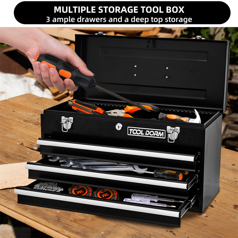 20.3-Inch Metal Toolbox With Drawers Portable Steel Metal Toolbox With Protective Lining And Metal Latch For Garages, Homes And Warehouses (Red And Black - 3 Drawers)