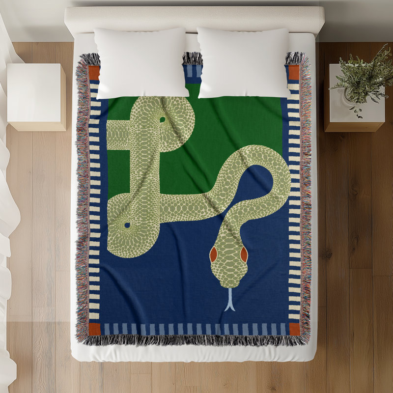 Jeté en mélange de coton Sami Snake, L 80 po x l 60 po, Bleu / Vert