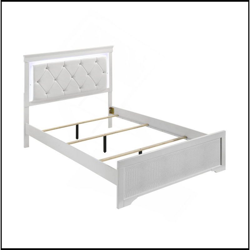 Grand lit rembourré de style moderne Blaze avec tête de lit à DEL et bois blanc, Queen, Blanc