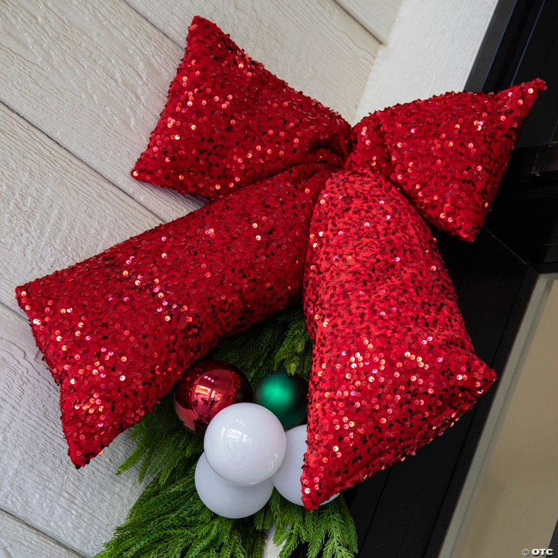20 1/2 x 23 1/2 Inch Hanging Red Sequin Stuffed Bow Christmas Decoration
