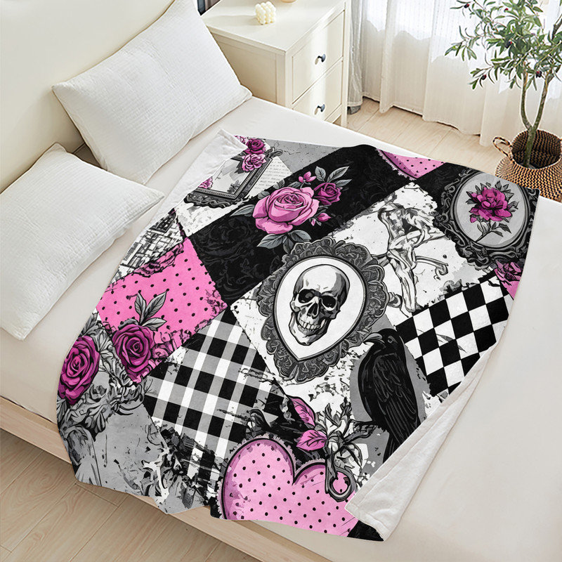 Jeté en flanelle JYK Halloween, Pink Patchwork Crow