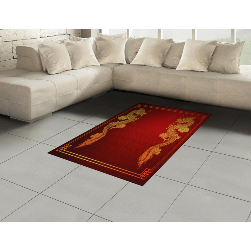 Tapis décoratif à fibres longues haute densité en polyester et coton Dragon, Rectangle— 4 pi x 5 pi 8 po