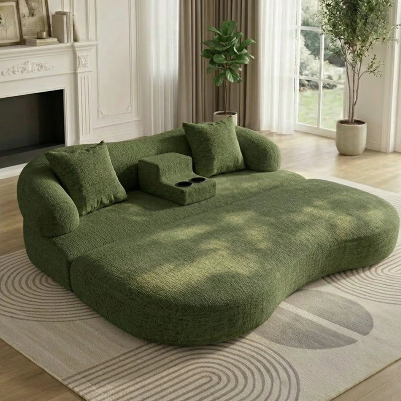Canapé-lit convertible de 70 po, causeuse courbée 2 en 1 avec console centrale amovible et 2 porte-gobelets, Vert