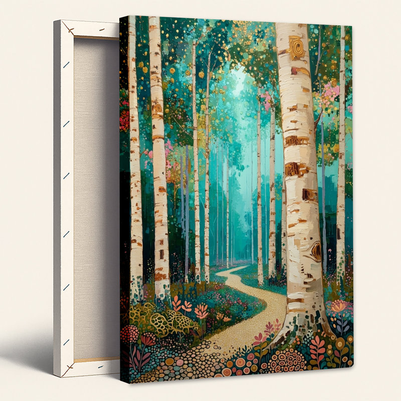 Tableau sur toile représentant des bouleaux le long d'un sentier sinueux dans une forêt turquoise, H 48 po x l 36 po