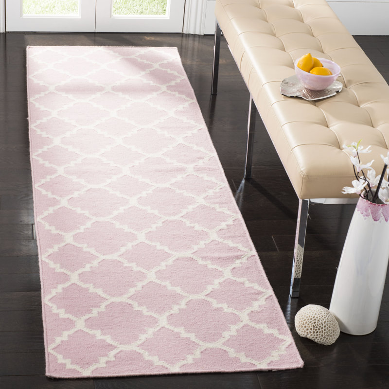 Milltown Hand Woven Flat Weave Wool/Cotton Geometric Rug in Pink/Ivory, Runner 2'6" x 8'