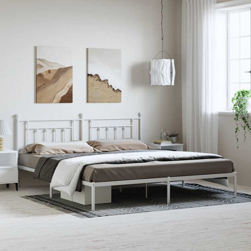 Braxden 12" Metal Bed Frame with Headboard No Mattress, White, Full / Double