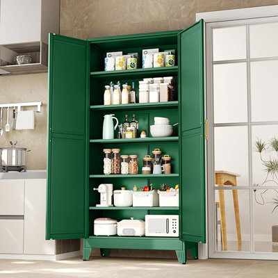 Kitchen Pantry Storage Cabinet with Doors and Adjustable Shelves, Metal ClosetMaid Food Pantry Cabinets, 75" Tall Freestanding Cupboard for Kitchen, L