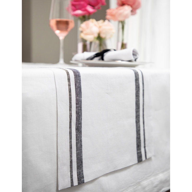 Black and White French Stripe Linen Table Runner 14 x 90 Inch