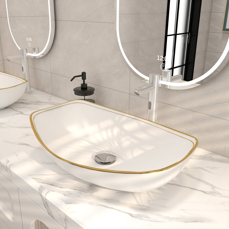 MEJE 22 X 16 inch LUXURY GOLD rim Oval Vessel, Ceramic Bathroom Sink, Vessel Vanity Sink