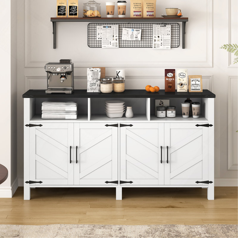 59"W Sideboard with Cabinets with Adjustable Shelves and Charging Ports, White