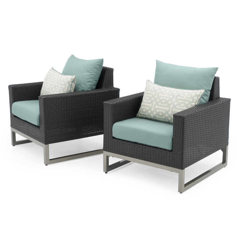 Sameko 2Pc Sunbrella Outdoor Club Chairs, Brown, White/Blue