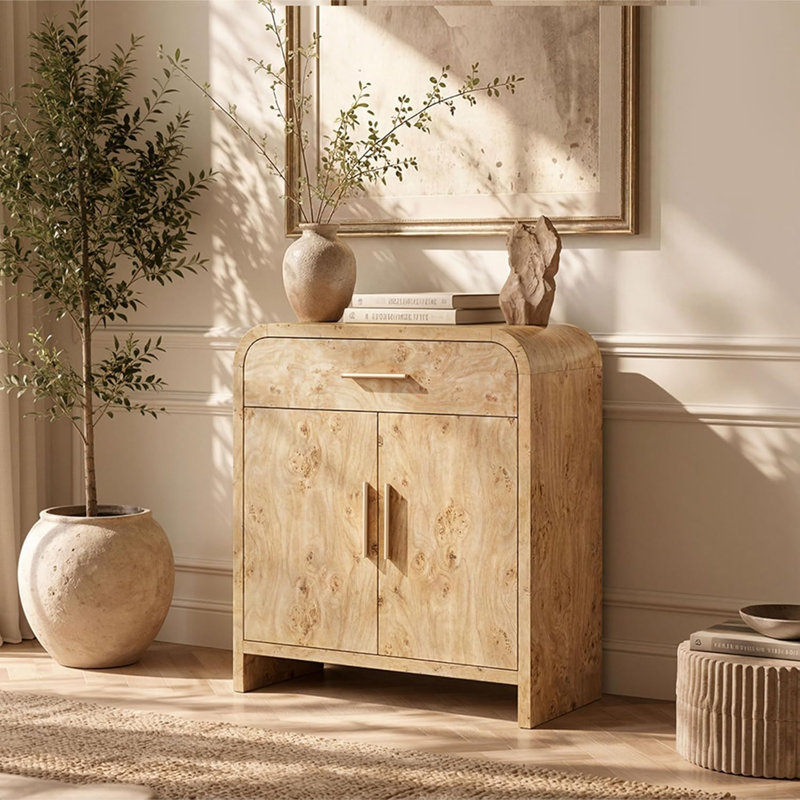 Armoire de rangement incurvée avec tiroir et buffet, table basse moderne pour la cuisine et le salon, 1-Pack, Ronce claire
