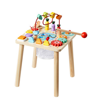 Table d'activité en bois pour tout-petits Montessori, bureau de jeu sensoriel 8-en-1 avec labyrinthe de perles et trieur de formes, finition naturelle