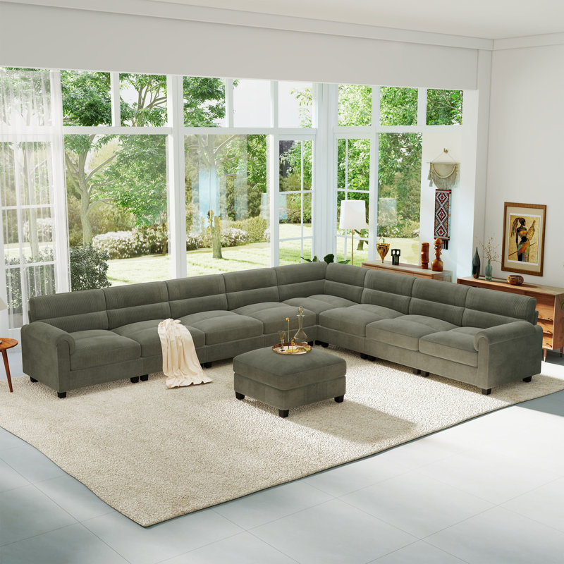 Dona 9-Piece Corduroy Upholstered Modular Sectional With Ottoman, Pillowtop Arm, Green Corduroy