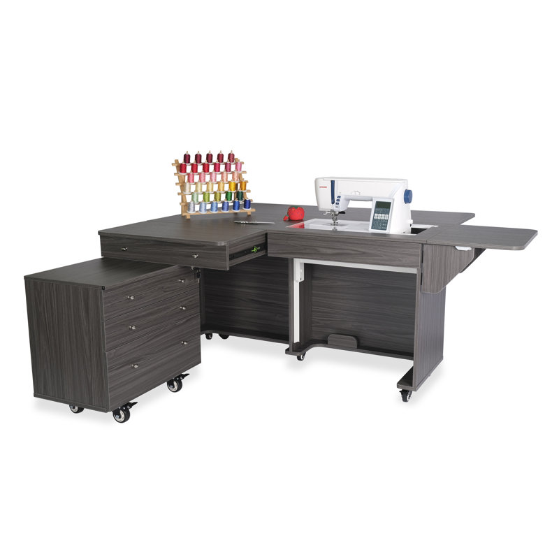 Gray Hydraulic Lift Sewing Cabinet with Rolling Storage Caddy