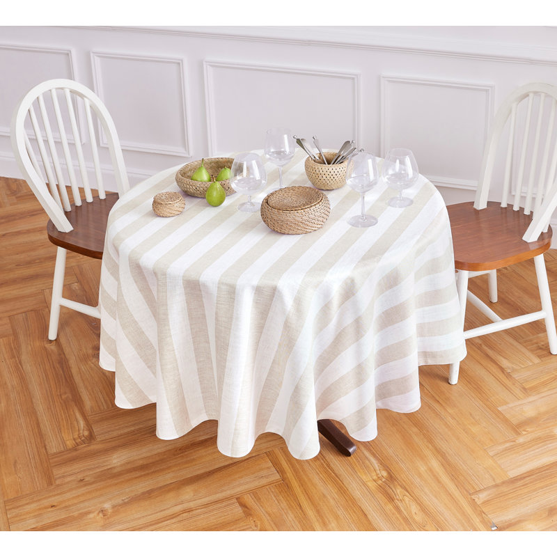 Cabana Stripe - 100% Pure Linen Round Tablecloth, 70" Round, Natural and White