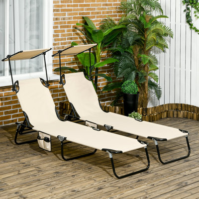 Poolside Sun Chairs For Beach - Folding Chaise Lounge With Sunshade, Reclining Back, Steel Frame Yard Sunbathing Tanning Canopy, Frame, Side Pocket, Beach, Yard, Patio Use