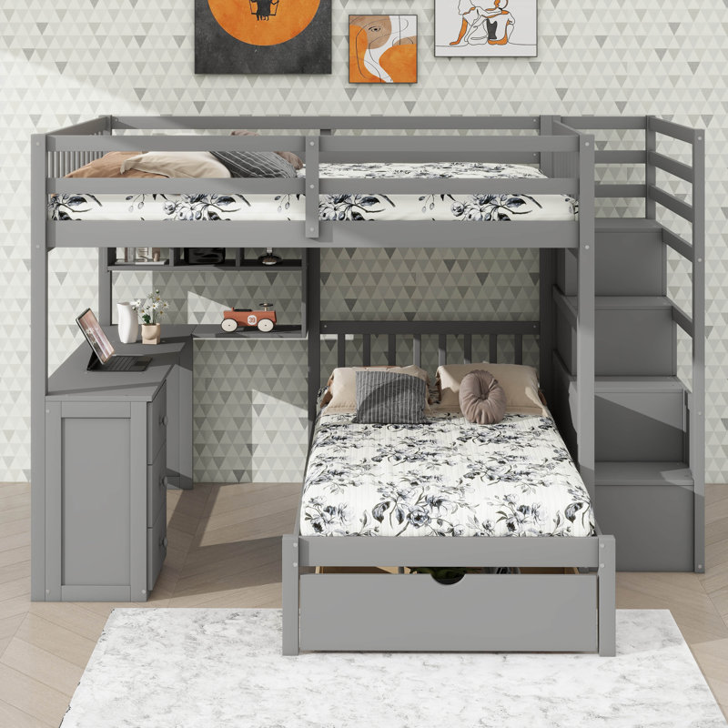 Lit superposé simple avec lit double, bureau intégré, tiroirs et étagère intégrée, Gris