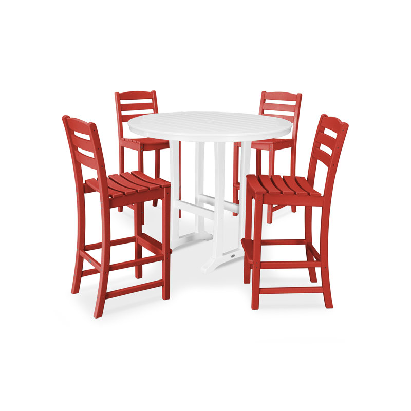POLYWOOD La Casa Café 5-Piece Side Chair Bar Dining Set, Sunset Red/White