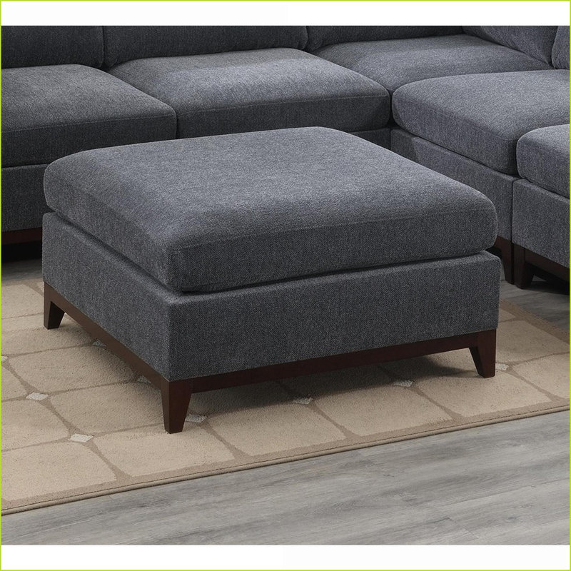 Repose-pieds capitonné modulaire en chenille gris cendré pour salon | Pieds en bois | Noyer brun