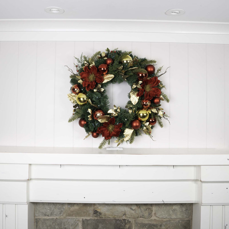 Golden Leaf Red Magnolia 30'' Artificial Christmas Wreath with LED Lights