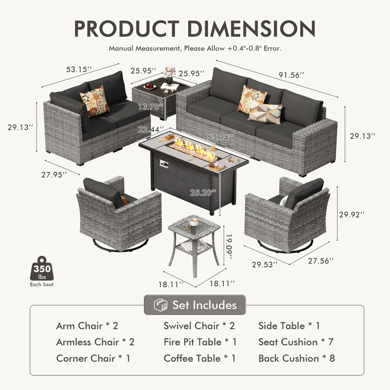 Ensemble de patio 7 pièces en osier avec coussins, chaises berçantes pivotantes et foyer d'extérieur pour 7 personnes, Noir