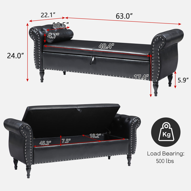 Banc de rangement rembourré Calvyn, Noir