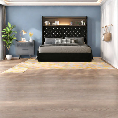Lit luxueux en velours avec USB, rangement et veilleuse - noir moderne