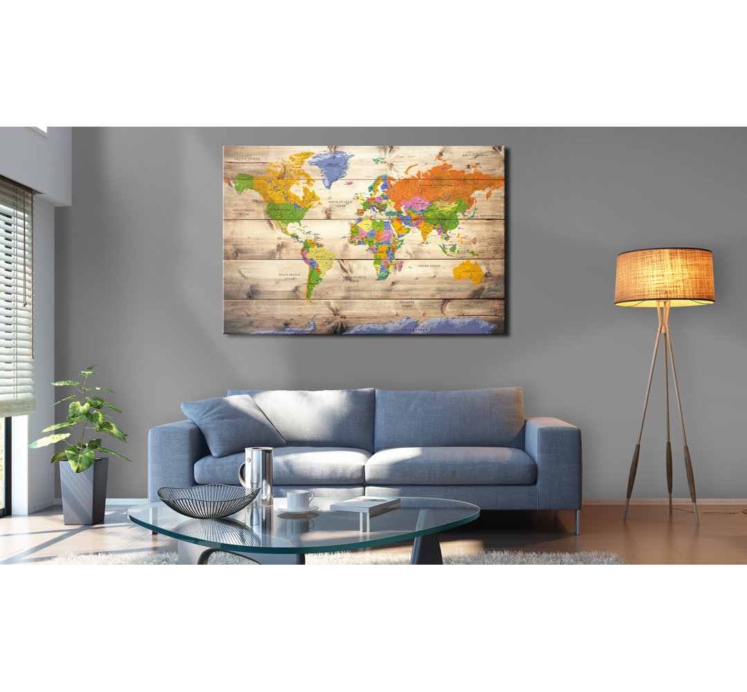 Leinwandbild - Map on wood: Colourful Travels