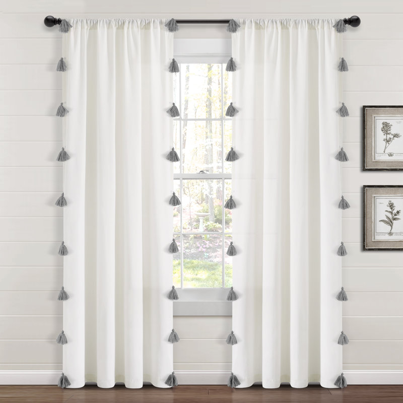 Rideau transparent en coton mélangé avec passe-tringle, Blanc / gris
